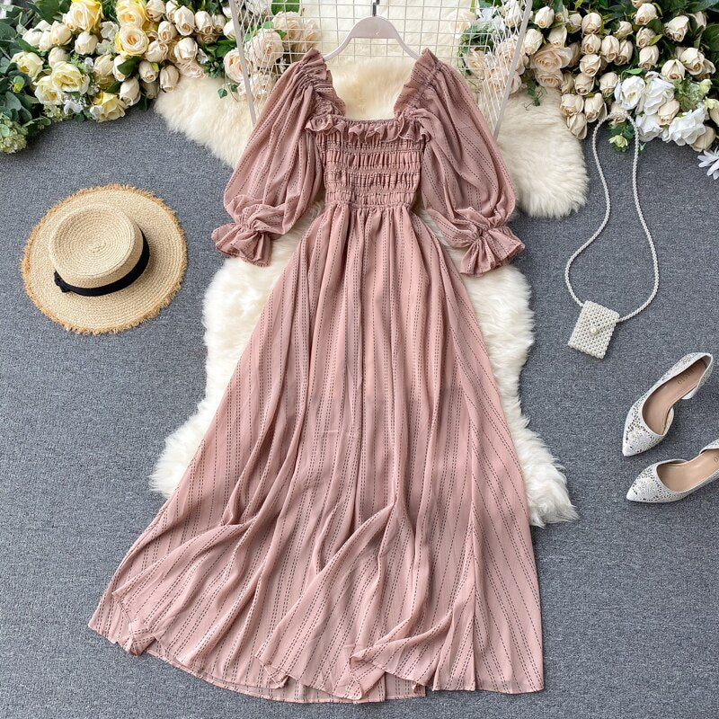 Sixsr Summer Beach Chiffon Long Dress Elegant Solid Lantern Sleeve High Waist Women Maxi Dress Party Club Ladies Vestidos New