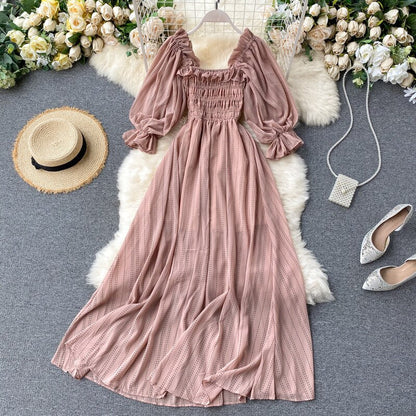 Sixsr Summer Beach Chiffon Long Dress Elegant Solid Lantern Sleeve High Waist Women Maxi Dress Party Club Ladies Vestidos New