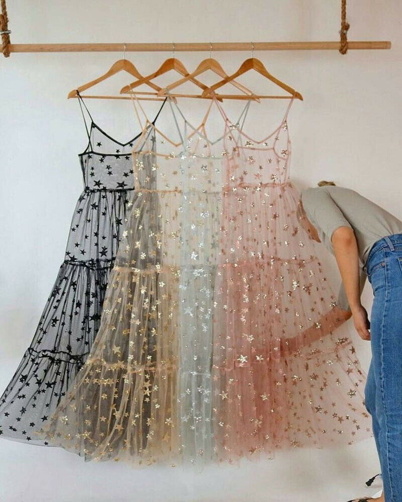 Sixsr Elegant Spaghetti Straps Tulle Long Women Dress Fashion Bling Bling See Through Dress Sexy Fashion Hot Selling Beachwear