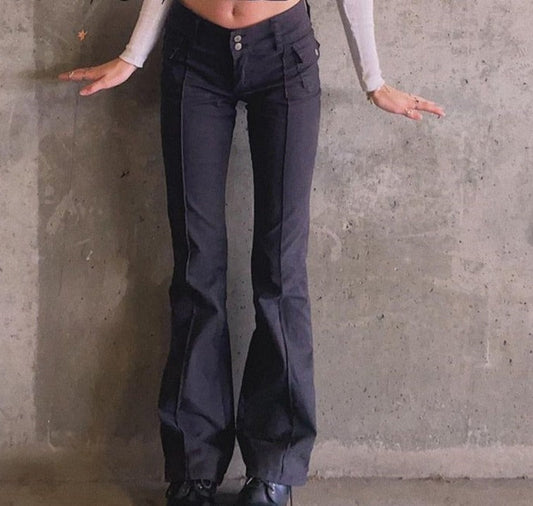 Sixsr Indie Aesthetics Slim Low Waist Flare Pants E-girl Vintage Pockets Solid Y2K Pants Autumn 90s Fashion Black Trousers