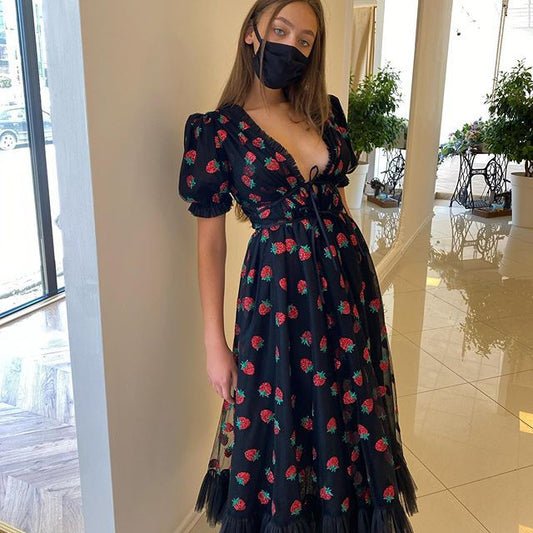 Spring S-5XL Sexy V-Neck Strawberry Pink Mesh Lace Pleated Belt Girly Style Cute  Plus Size High Waist Long Dress