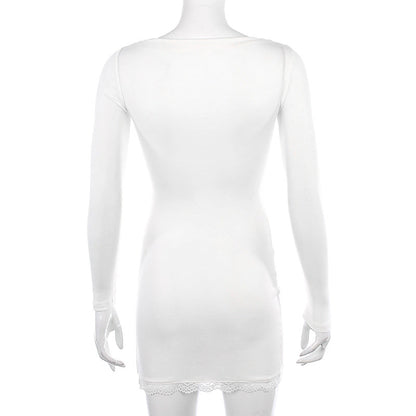 Sixsr Women Winter Dress Women New Arrivals Sexy Long Sleeve Lace Split Black White Solid Party Dresses Vestidos