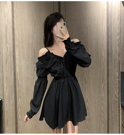 Sixsr Gothic Black Dress Women Casual Button Lace Evening Party Sexy Mini Dress Female Long Sleeve One-piece Dress Korean Autumn