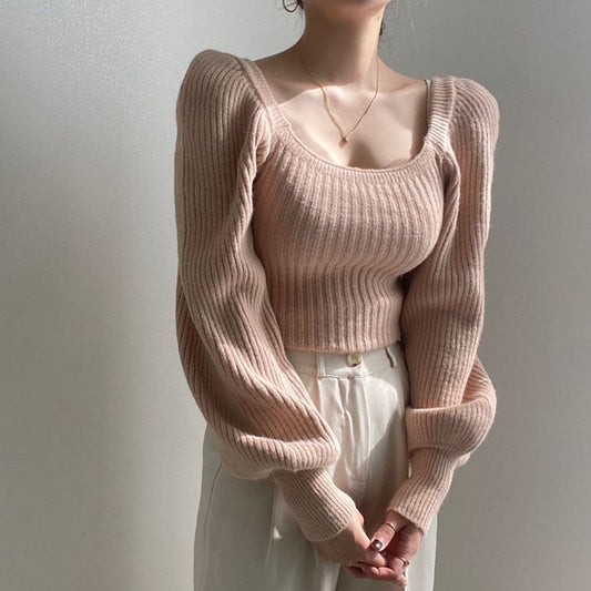 Knitted Women's Sweater Vintage Pullover Long Puff Sleeve Pink Square Neck Top Korean Fashion Style Autumn Winter Clothing