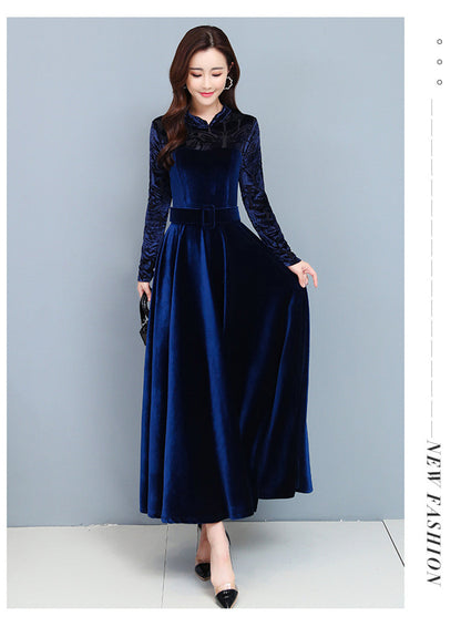 Sixsr High Quality Fashion Vintage Velvet Dress Winter Dresses Women Long Sleeve Evening Party Dress For Middle Age Mom Vestidos