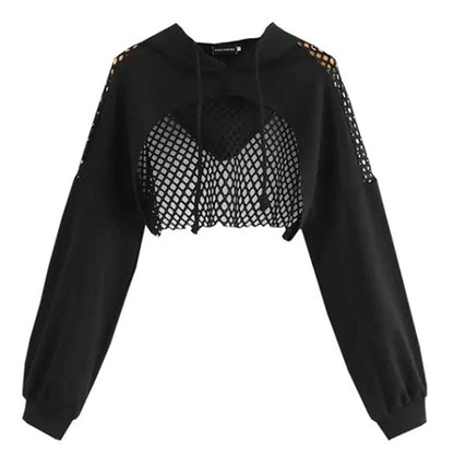 Sixsr Black Hoodies for Women  Hollow Out Crop Tops Mesh Patchwork Short Sweatshirt Long Sleeve Autumn Tops and Pullovers