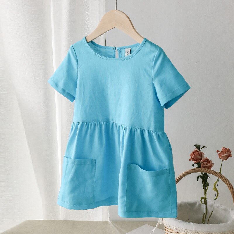 Sixsr Fashion Cotton Linen Summer Girl Dress Yellow Casual Short Sleeve Kids Holiday Dress With Pockets TZ20