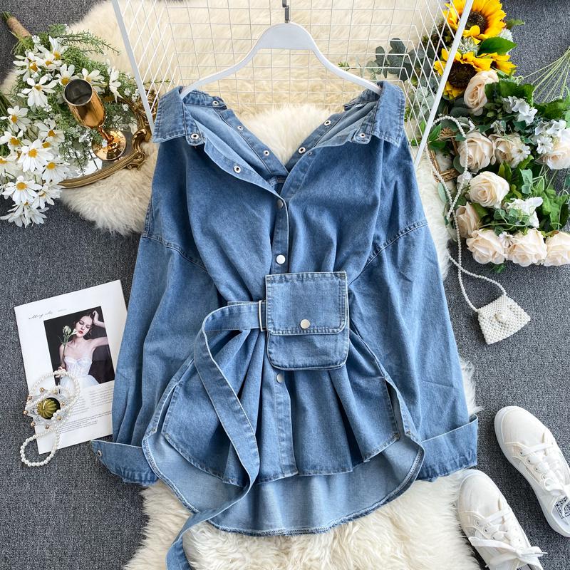 FMFSSOM Spring Summer Women's Solid Denim Dress Female Pocket With Belt Slim Dress Ladies Single Breasted Vintage Dresses