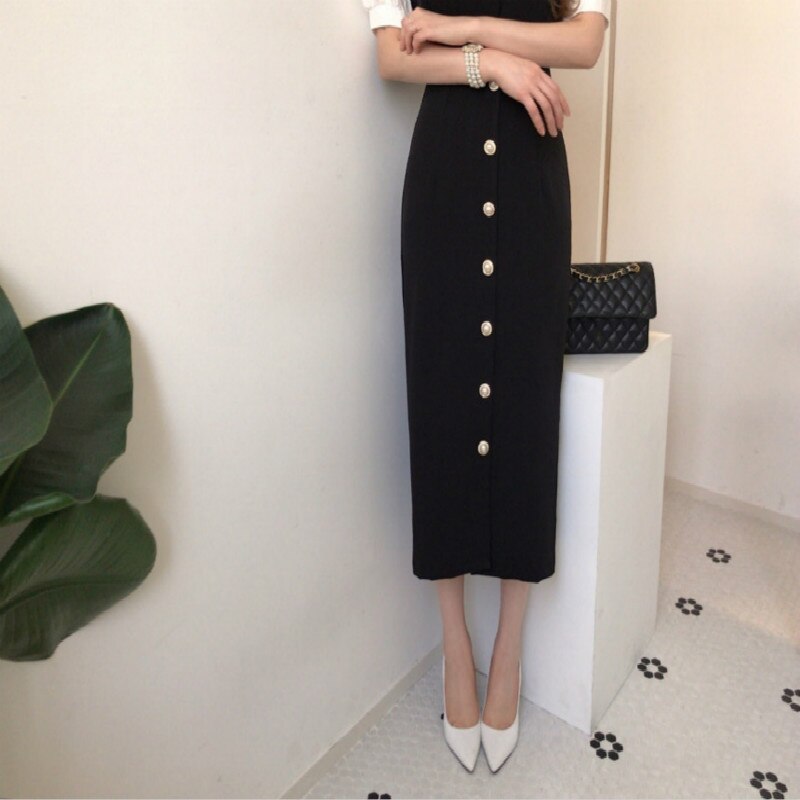 Sixsr  Summer Outfits Dress Women Fashion Peter Pan Collar Puff Sleeve Single Breasted Slim Long Vestidos Korean Chic Robe Elegant Female