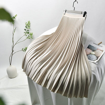 sixsr Brand Designer Women Spring Autumn Elegant Chic Solid Pleated Skirt High Waist Luxury Fashion With Elastic Female C-035