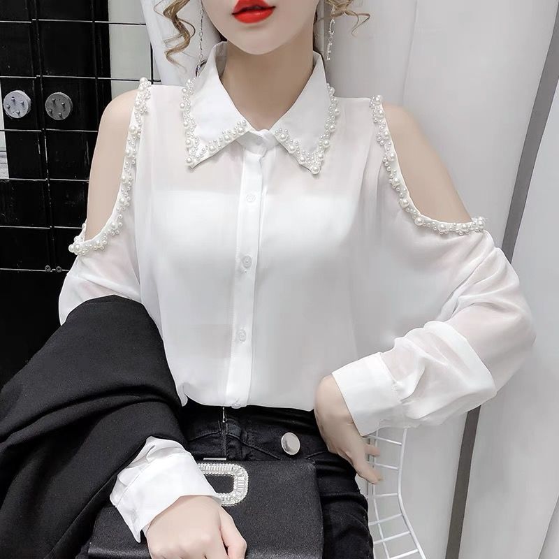 Beading Women's Elegant Blouse Office Outfits Feminine Shirts Off The Shoulder Long Sleeve Top Korean Fashion Designer New