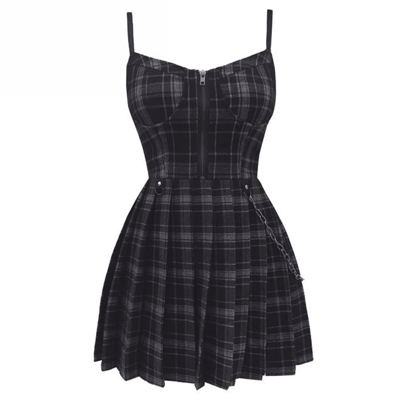 Sixsr Gothic Girls Plaid Pleated Punk Dress Preppy Style Red Black Spaghetti Strap Sexy Sleeveless Mini Short Dresses Goth Streetwear