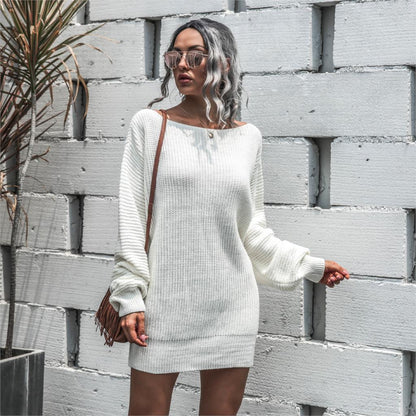 Sixsr The hottest ladies casual off-shoulder lantern sleeve knitted sweater dress