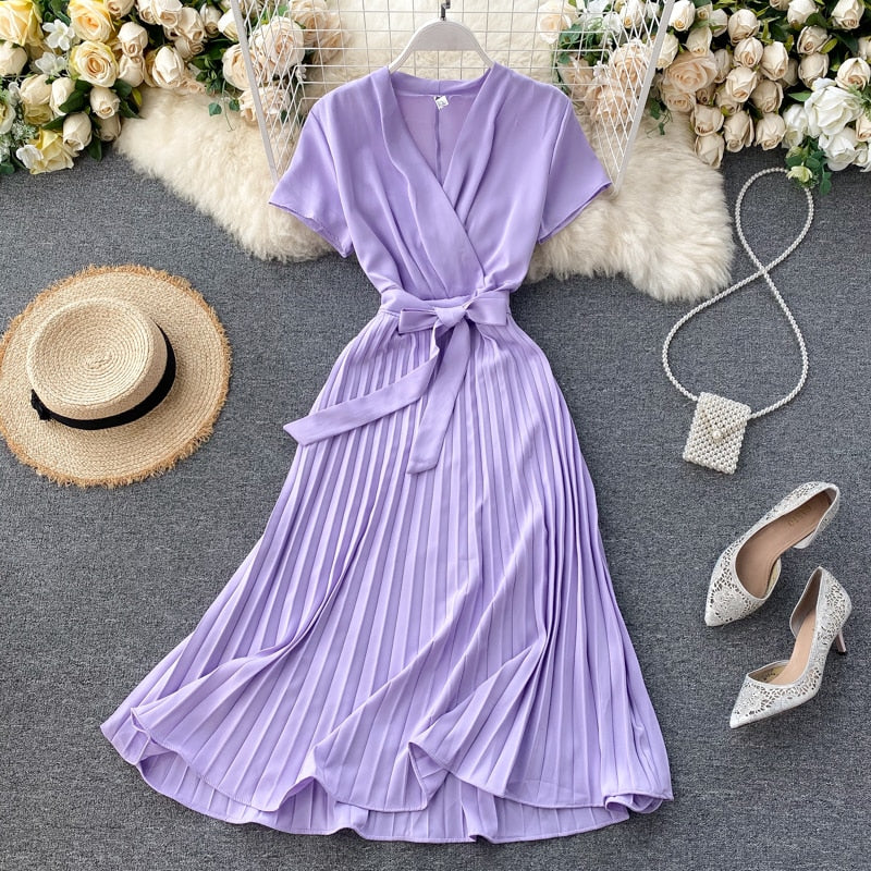 SINGRAIN High Quality Solid Pleated Dress Women V neck Short Sleeves Sashes Long Dresses Summer Streetwear Vintage Vestidos