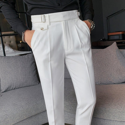 Sixsr New Design Men High Waist Trousers Solid England Business Casual Suit Pants Belt Straight Slim Fit Bottoms White Clothing