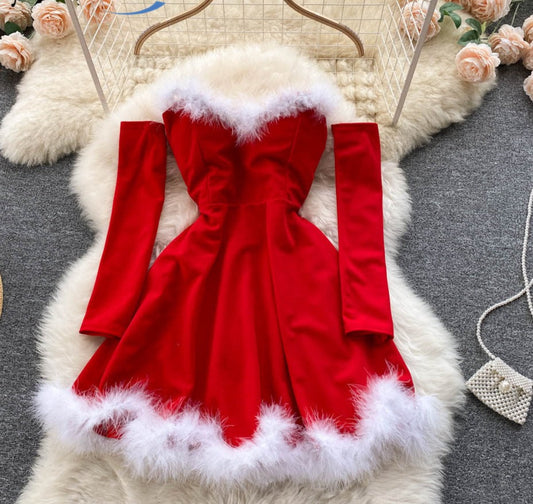 Sixsr Gifts For Women Elegant Dress For New Year  Strapless Backless Furry Sexy Short Mini Christmas Dress Navidad Red Party Dress Femme