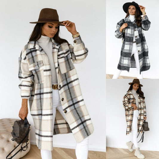 Sixsr Selling Women's Autumn Coat Fashion Long Section Casual Warm Lattice Woolen Winter Jacket Banquet Trend Lapel Women's Windbreaker