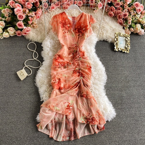 Vintage V-Neck Printed Chiffon Drawstring Mermaid Midi Dress Women Elegant High Waist Ruffle Vestidos Fashion Spring Summer