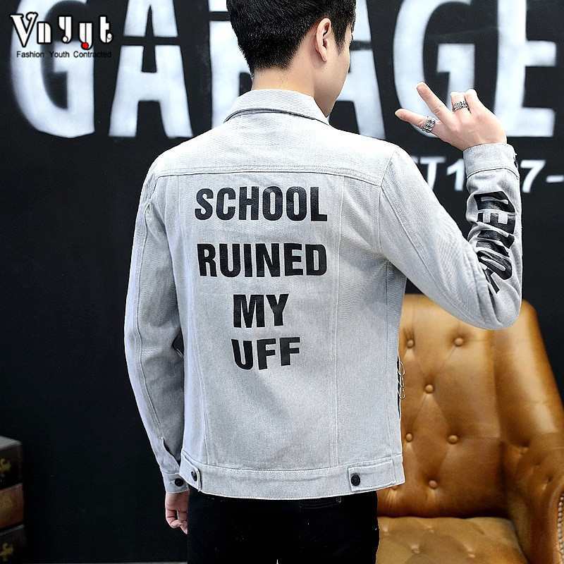 Denim Clothing Social Guy Rivet Jacket Wholesale Autumn Winter Fashion Hip Hop White Denim Jacket Male Cowboy Ripped Hole