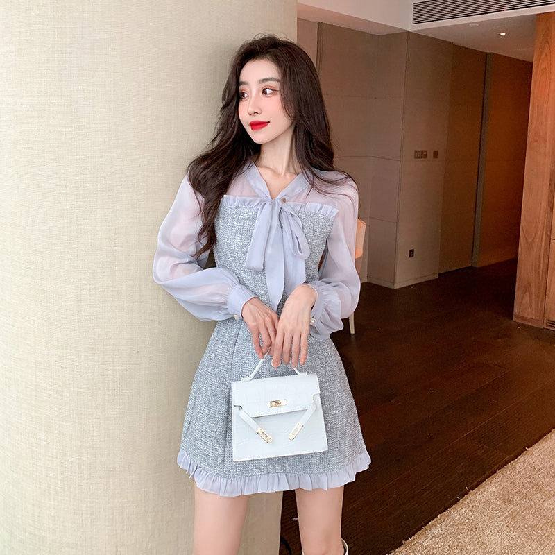 Sixsr New Spring Vintage Sexy See-through Chiffon Patchwork Tweed Mini Dress Women Ribbon Bow Single-breasted Long Sleeve Party Dress