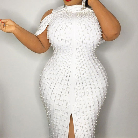 sixsr Beading White Plus Size Bodycon Dress 5xl Sexy Party Dinner Club Midi Dresses Elegant Split Female Evening Vestidos Summer