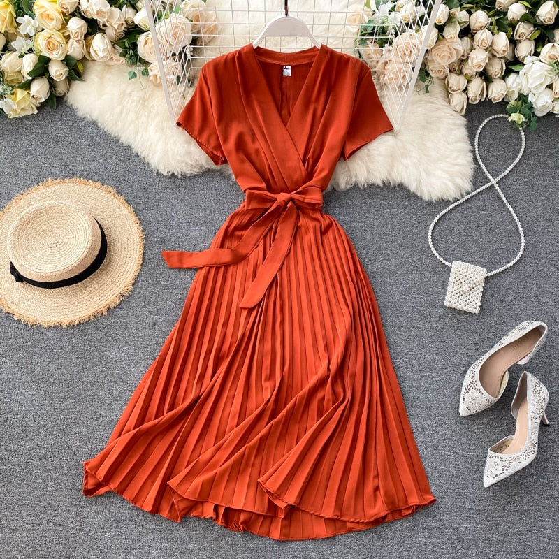 SINGRAIN High Quality Solid Pleated Dress Women V neck Short Sleeves Sashes Long Dresses Summer Streetwear Vintage Vestidos