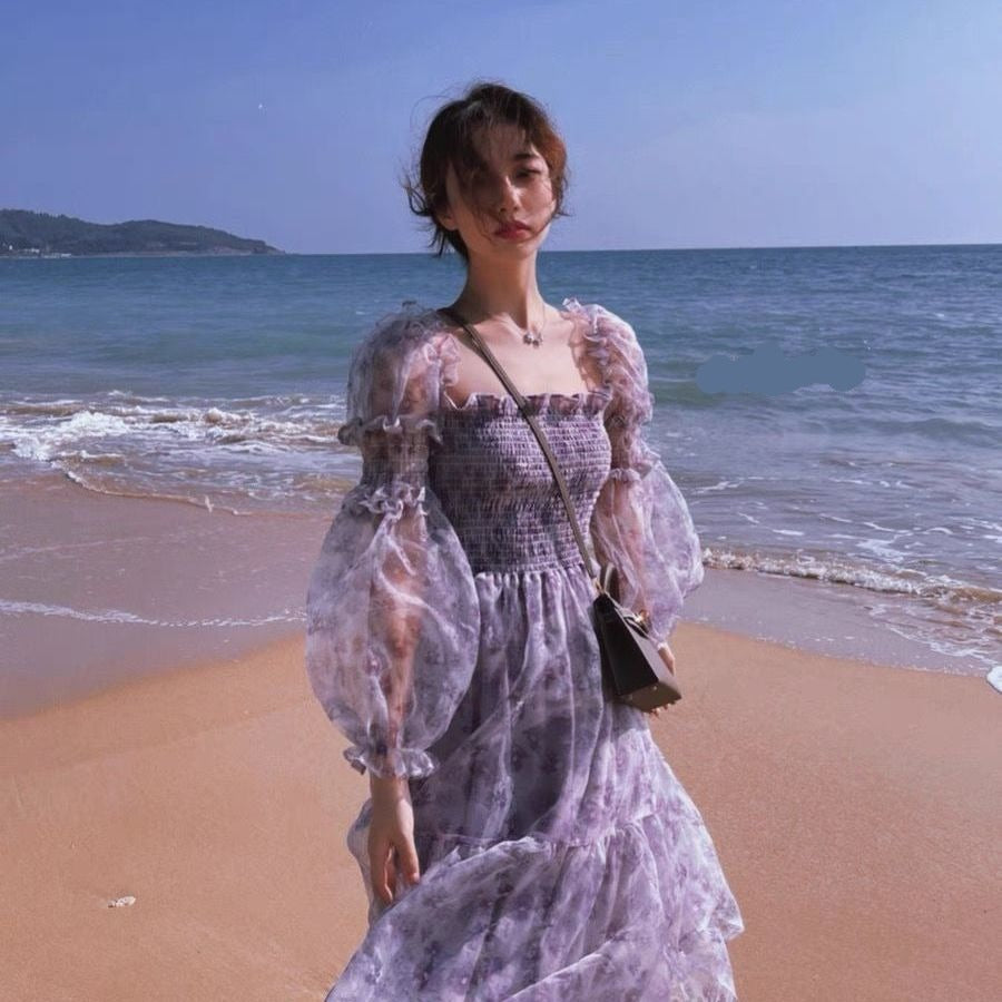 Sixsr Summer Lace Elegant Midi Dress Women Puff Sleeve Square Collar Boho Beach Floral Dress Female Party One Piece Dress Korean