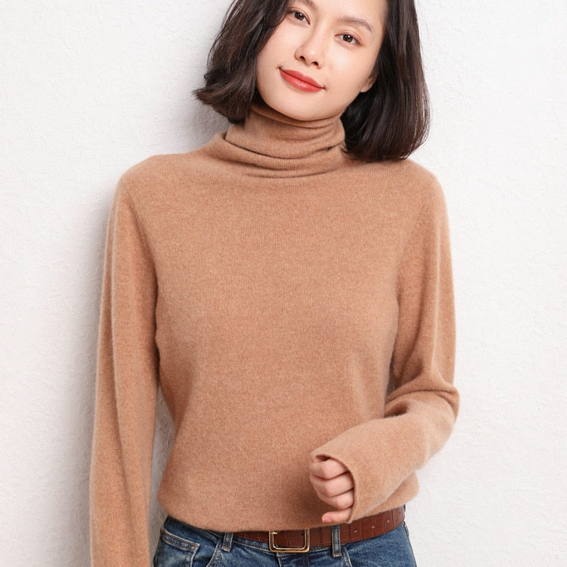 100% Pure Wool Cashmere Sweater Fall/Winter Pile Collar Pullover Korean Fashion Casual Knitted Tops Women Jacket Long Sleeve