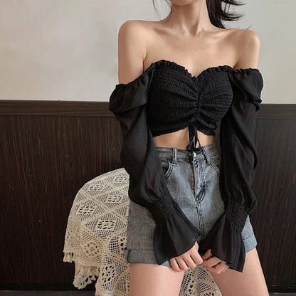 Low cut Blouse Woman Fashion Pretty Blouses Crop Top Youth Elegant Puff sleeve Chiffon Shirt Sexy