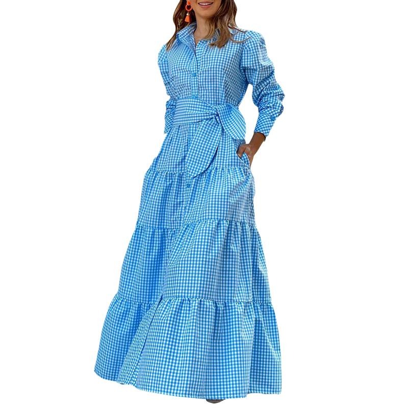 Sixsr Spring Shirt Dress Women Long Sleeve Party Dresses Casual Lapel Button Vintage Belted Pockets Sundress Plaid Printed Robes