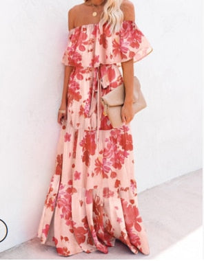 Floral Print Dress Slim Sexy Off The Shoulder Long Dress Irregular Female Streetwear New Dress Casual Autumn And Winter