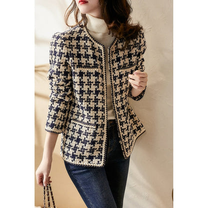 Sixsr Spring Korean small fragrance jacket women's short winter and autumn French ladies all-match houndstooth woven tweed coat jackets