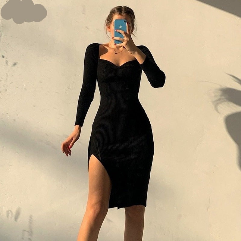 Sixsr Bodycon Knitted Women Sweater Dress Long Sleeve Sexy Off Shoulder Split Elegant Party Dresses Fashion Autumn Winter