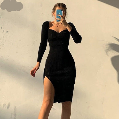 Sixsr Bodycon Knitted Women Sweater Dress Long Sleeve Sexy Off Shoulder Split Elegant Party Dresses Fashion Autumn Winter