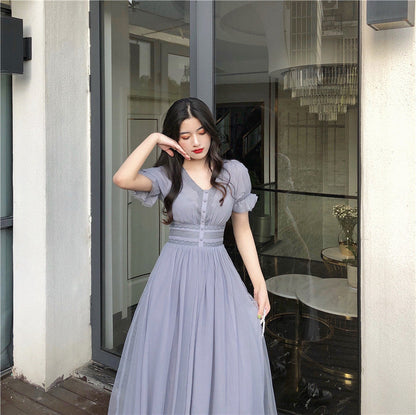 Sixsr New Summer Mesh Dress Female V-neck Short Puff Sleeve A-line Women Dress Slim Korean Style Mesh Elegant Vintage Vestidos