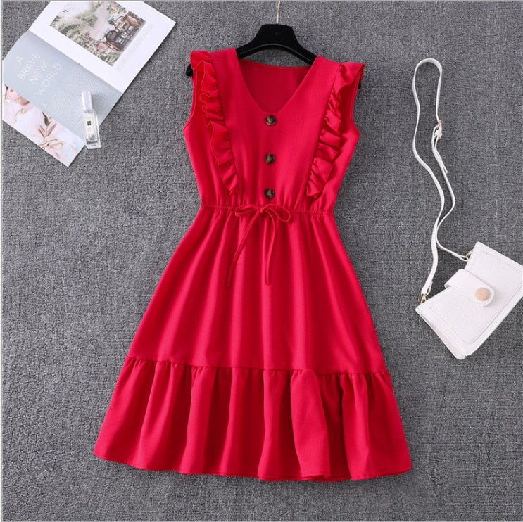 Women Summer Dress Casual Boho Beach Ruffles Mini Dress Party Sexy V-Neck High Waist Female Dresses