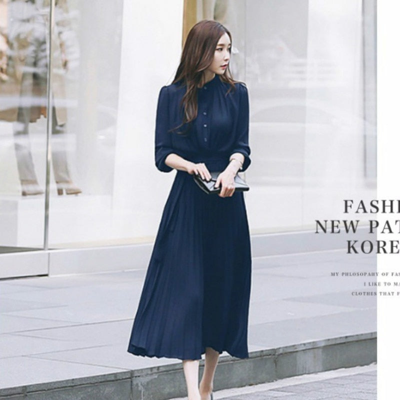 Women's Dress Spring Pleated Fashion New Plaid Slim High Wasit Long Temperament Office Female Dresses Long Sleeve Casual