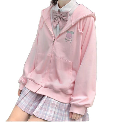 Sixsr  Harajuku Sweet Fruit Print Women Hoodie Pocket Spring Loose Thin Zipper Sweatshirt Girl Cute Pink Plus Size Clothes Among Us