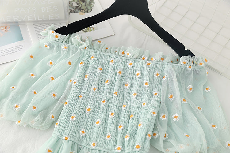 Sixsr small daisies embroidery mesh dresses women sexy off the shoulder french vintage party ruffle dresses elegant vestidos