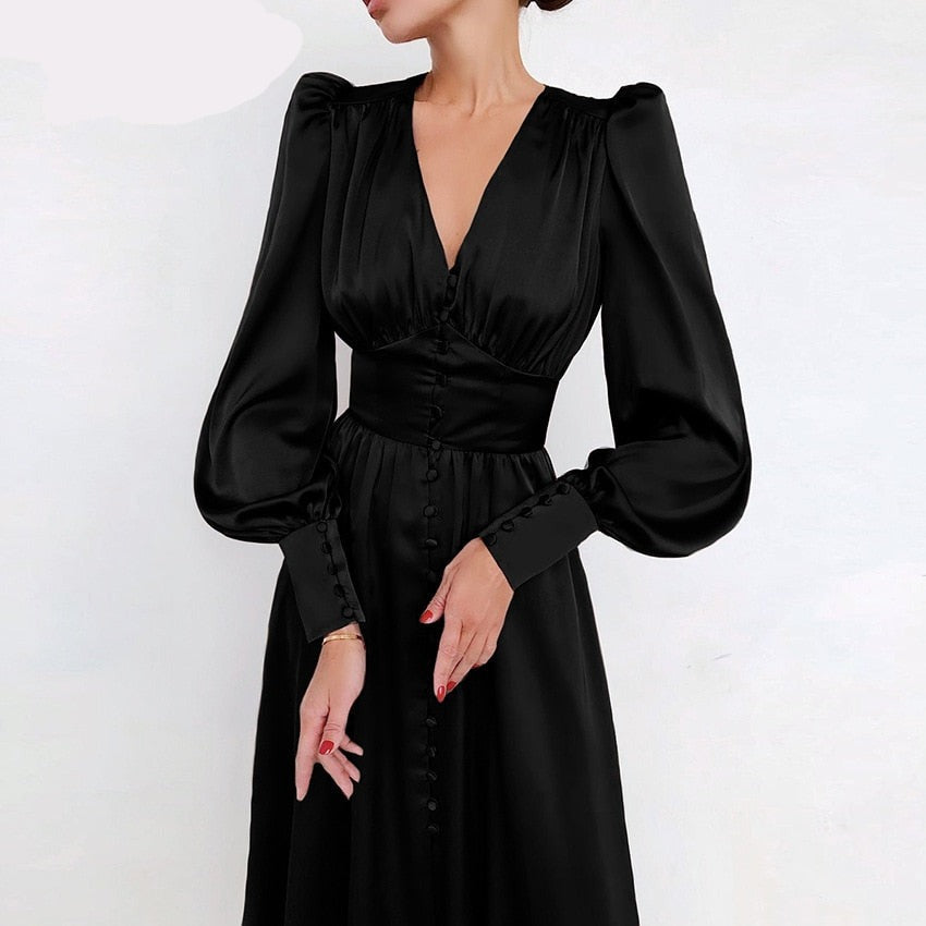 Sixsr Elegant spring satin bishop sleeve a-line dress women V-neck high waist button dress solid Vintage long dresses chic