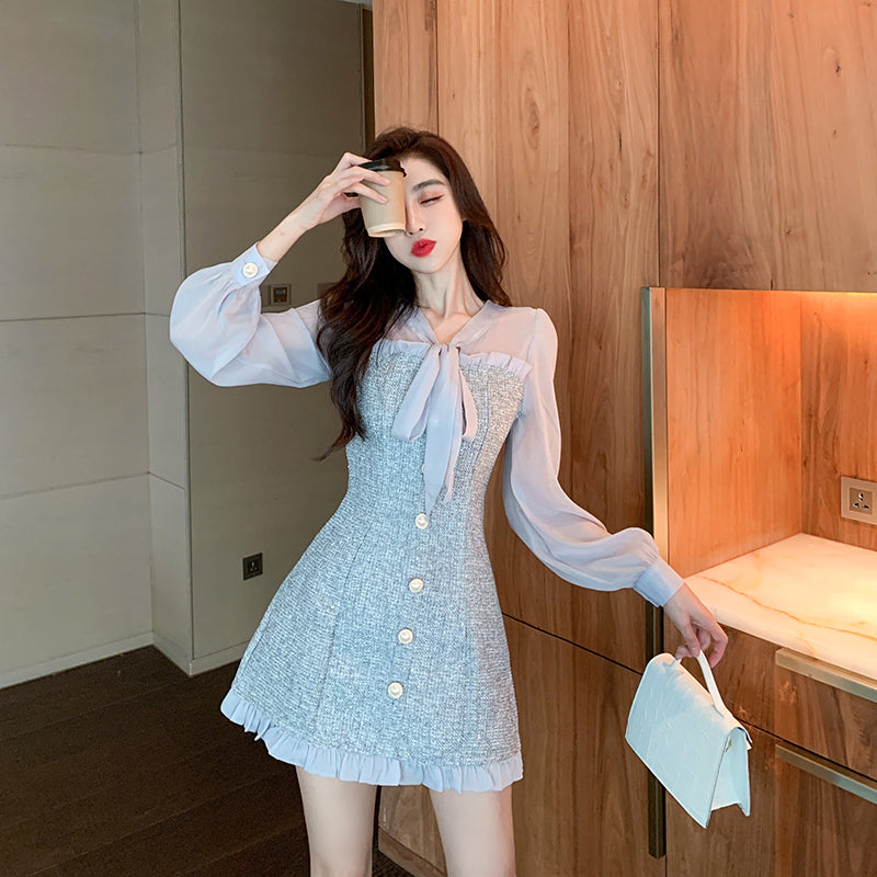 Sixsr New Spring Vintage Sexy See-through Chiffon Patchwork Tweed Mini Dress Women Ribbon Bow Single-breasted Long Sleeve Party Dress