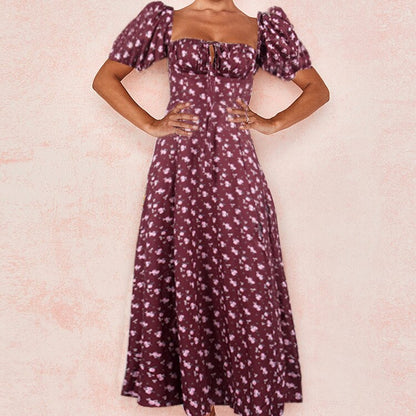 Sixsr Summer Women's Wear, Bohemian Style Bubble Sleeve Floral Split Long Dress, High Waist Sexy Party Elegant Bandage Dress