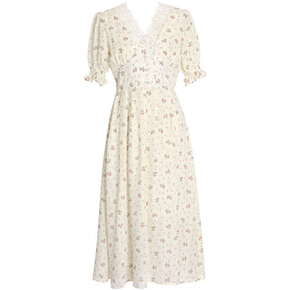 Sixsr Vintage Floral Dress Women Elegant Lace Chiffon Korean Party Dress Puff Sleeve V Neck Midi Dress Fall Dresses for Women