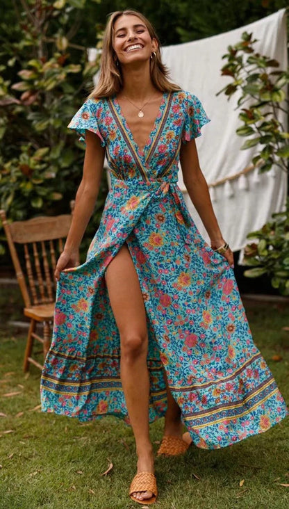 Sixsr Vintage chic vestidos women Floral print bat sleeve beach long Bohemian maxi dress Ladies sexy V neck  Summer Boho happie  dress