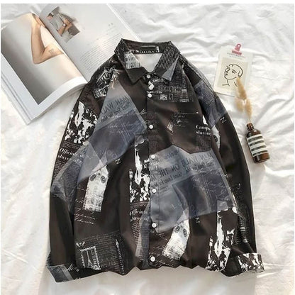 Newspaper shirt Korean trend men's shirt long-sleeved loose couple lovers shirt student all-match shirt 2024 fashion streetwear