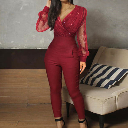Sixsr Rompers Womens Jumpsuit Black Elegant Sequins Mesh Glitter Party Night Sexy Spring Long Pants One Piece Clothes Overalls