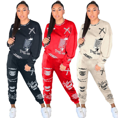 Sixsr Trends Women Tracksuit 2 Piece Set Autumn Letter Print Oversized Hoodies Sweatshirt Joggers Pants Suit Sweatpants Outfits Matching Set