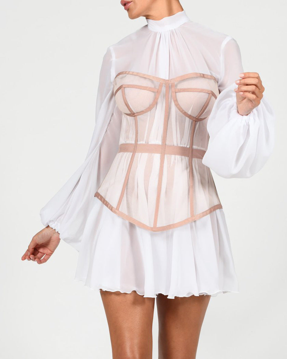 Sixsr New Design 2pcs Summer Dress for Women Black Sexy Corset Dress Vintage Slim Mesh Outfit Clubwear Dress Shirt for Girl's Party
