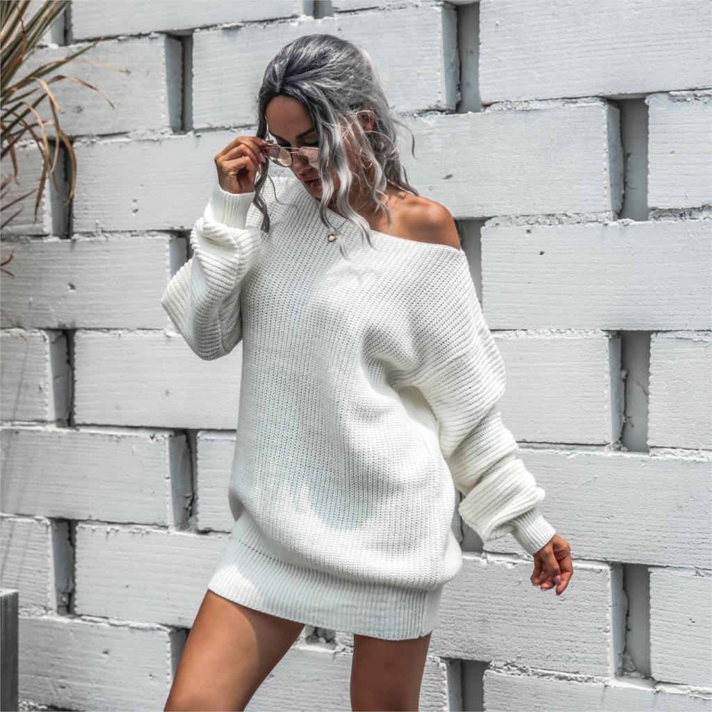 Sixsr The hottest ladies casual off-shoulder lantern sleeve knitted sweater dress