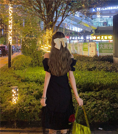 Sixsr New Gothic Women Black Fairy Party Dress Cross Square Collar Lolita Princess Irregular Dress Cute Kawaii Lace Ruffles Chic Dress